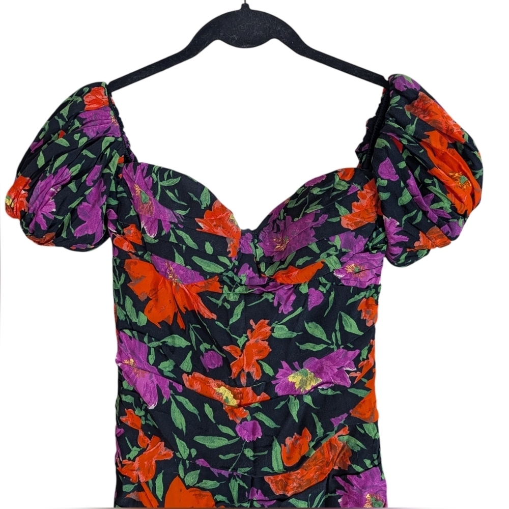 Zara Floral Puff Sleeve Mini Dress XS | Sweetheart Neck Ruched Bodycon Summer - Picture 4 of 11